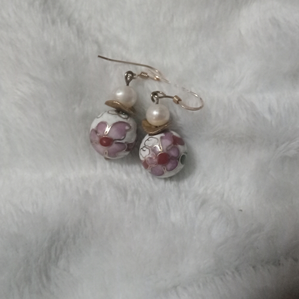 Elegant Pearl and Cloisonne Drop Earrings featuring a Floral Design.